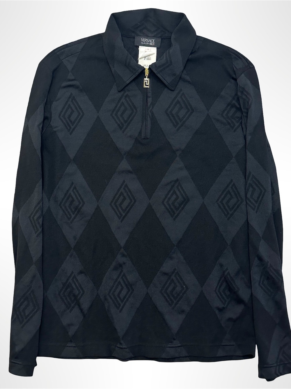 Versace Black Diamond Jacquard Long-Sleeve Zip Polo